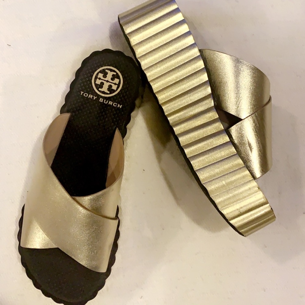 Tory Burch Metallic Gold Crisscross Platform Slide Sandals